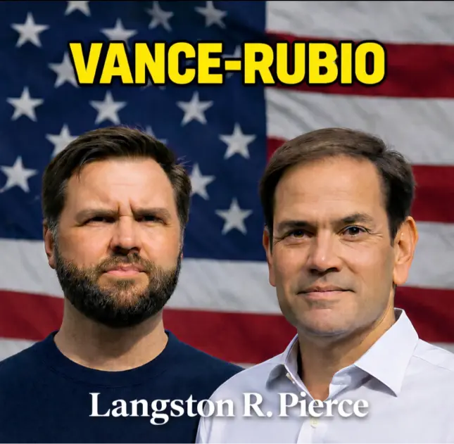 A portrait of Vance & Rubio with a USA flag in the background